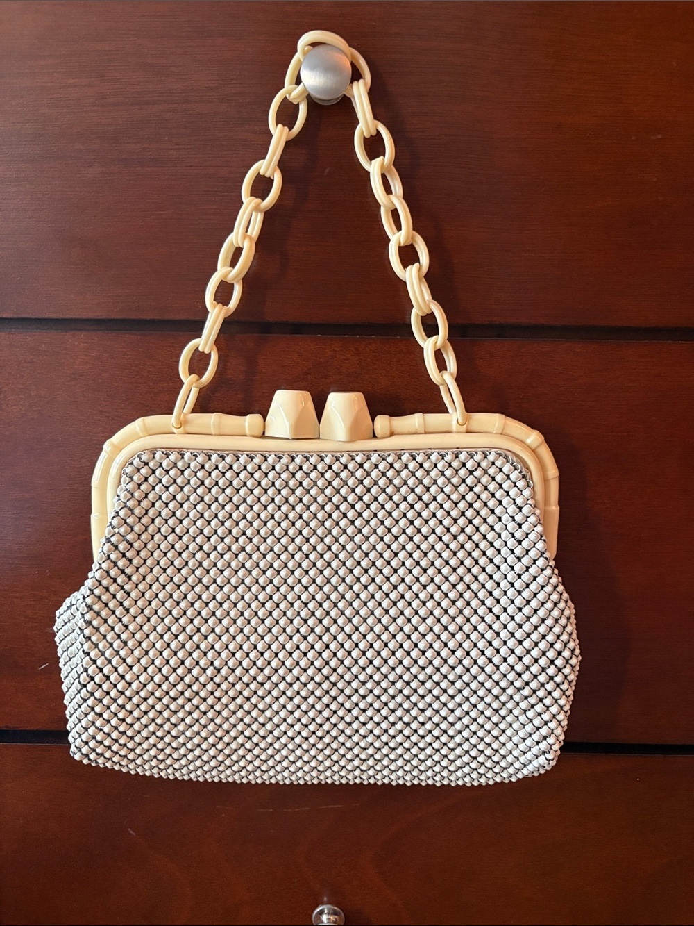 Whiting & Davis Cream Beaded Frame Wristlet